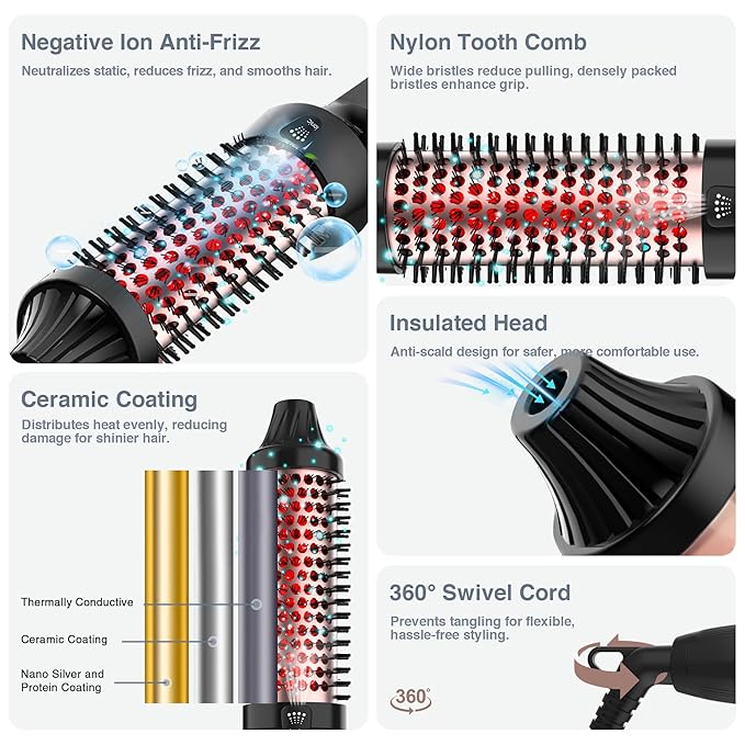 Infrared Bounce Brush, Heated Thermal Round Brush with Negative Ion Technology, 8 Heat Settings for Blowout Look with Hair Care Oil, Straightening & Curling, 1.5" Barrel for All Hair Types, Black