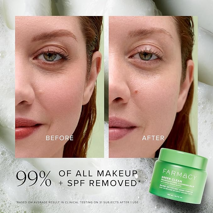 Farmacy Makeup Remover Cleansing Balm - Green Clean Waterproof Makeup Remover + Oil Based Cleanser - Newly Formulated Double Cleanser with Plant Based Waxes + Upcycled Moringa - Fragrance Free (100ml)