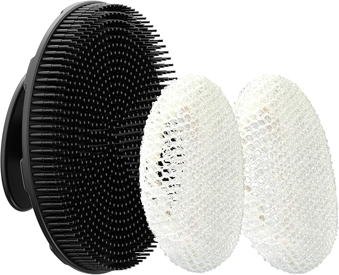 INNERNEED Food-Grade Soft Silicone Body Scrubber Shower Brush Handheld Cleansing Skin Brush, with Exfoliating Net Sponge Case (Black Brush)