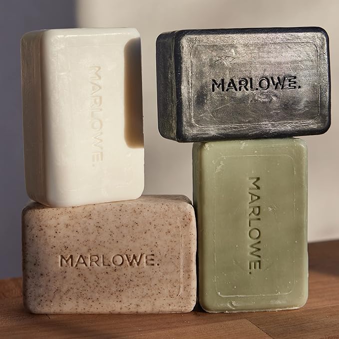 MARLOWE. Soap Discovery Gift Set, Mens Skin Care Variety Selection of Exfoliating Body Scrub, Charcoal, Moisturizing & Polishing Body Bar Soaps for Men, 4 Pack