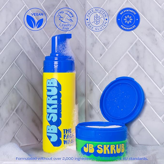 JB SKRUB The Face Duo Set – Gentle Foaming Face Wash (5 fl. oz) & Exfoliating Acne Pads (40 Count) for Kids, Tweens & Teens – Fragrance-Free Cleanser & Alcohol-Free Toner Pads for Clear, Smooth Skin