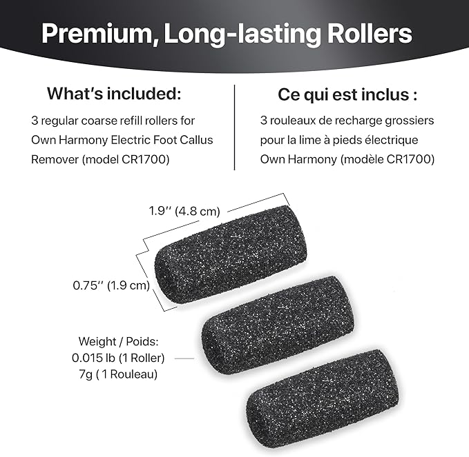 Regular Coarse Refill Rollers by Own Harmony - Best Fit for Electric Callus Remover CR1700 - Professional Foot Care for Healthy Feet - Pedicure File Tools - Refills 3 Pack Replacement Roller Heads