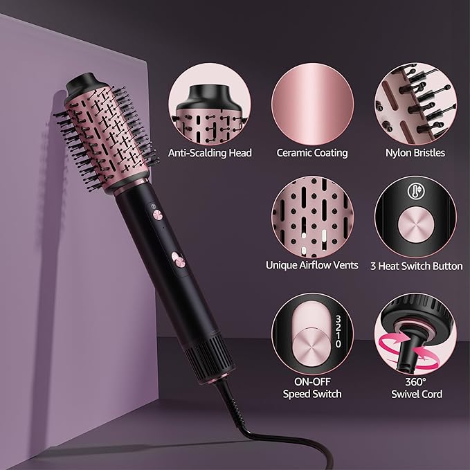 SKIMI 110,000 RPM Brushless Motor Hair Dryer Brush - 5 Muti-Styler for Fast Drying, Curling, Volumizing & Straightening | High-Speed Hot Air Brush for All Hair Types (Black & Pink Gold)