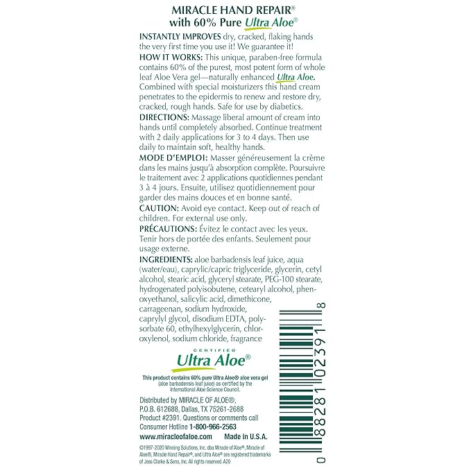 Miracle Hand Repair Cream for Dry Cracked Hands 1 oz Best Healing Hand Cream with 60% Aloe Vera - Non-Greasy Moisturizer for Working Hands - Fast Absorbing Lotion for Extremely Dry Skin (12-Pack)