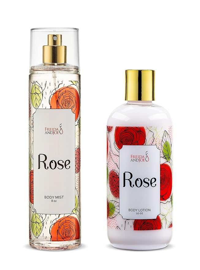 Rose Home Spa Gift 10oz Deep Moisturizing Fragrance Body Lotion & 8 oz. Fine Fragrance Body Mist Set Luxury Self-Care Combo for Women and Girls (Rose)