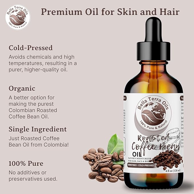 Bella Terra Oils - Roasted Coffee Bean Oil 2oz - The Ultimate Coffee Serum, Abundant in Palmitic Acid & Vitamin E, Dive into Coffee's Nourishing Embrace
