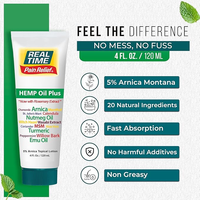 Real Time Pain Relief Hemp Oil Plus 4oz Tube | 20 Natural Ingredients: 5% Arnica & Turmeric | Fast Absorbing Lotion for Muscles, Hands, Feet, Ankles, Back, Shoulders, Knees & Joints Discomfort