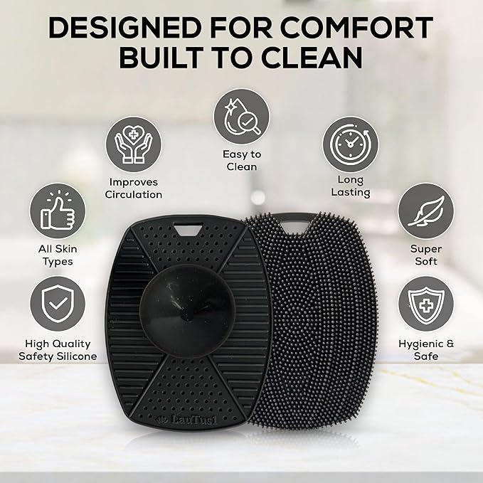 Silicone Body Scrubber – Exfoliating Shower Brush with Suction Handle & Hook, Soft Loofah for Men, Women, Babies, Gentle, Hygienic, Reusable - Graphite Black