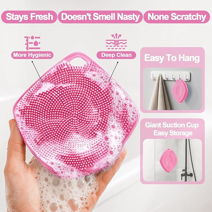 Silicone Body Scrubber, Gentle Texture Exfoliating Body Scrubber for Men and Women On Sensitive Skin, Soft Scrubber Produces Rich Form and Builds Up Lather, Getting a Deep Skin Clean (Pink)