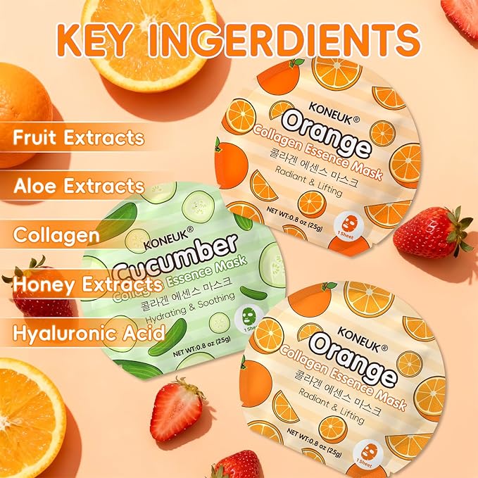 18 Pack Colorful Fruit Face Masks Skincare for Women, Bulk Sheet Hydrating Facial Mask for All Skin Types, Collagen Face Mask for Skin Care, Christmas Gifts, Stocking Stuffers and Spa Party Gifts