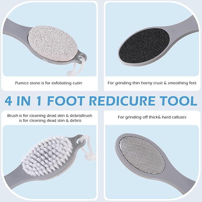 2 Pcs 4 in 1 Foot Brush for Use in Shower with Pumice Stone, Foot Rasp and Sandpaper, Foot Scrubber Brush for Feet, Dead Skin Remover for Foot Care