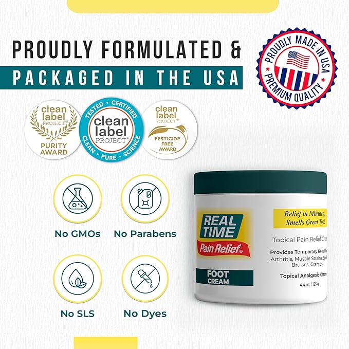 Real Time Pain Relief Foot Cream 4.4oz Jar | 15 Natural Ingredients: Menthol, Tea Tree Oil, Vitamin E & Emu Oil | Advanced Neuropathy Relief & Soothing Lotion for Tired, Swollen, Sore & Aching Feet