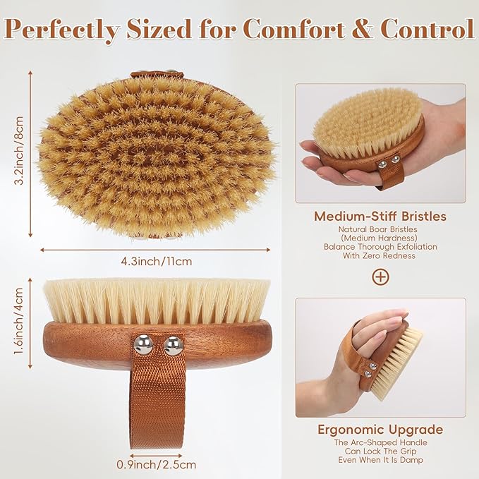 Dry Brushing Body Brush - Natural Boar Bristle Dry Body Brush for Lymphatic Drainage, Cellulite, Blood（Medium Hardness）