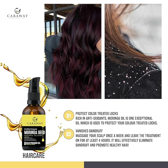 CARAWAY Organic 100% Pure Cold-Pressed Moringa Seed Oil - 1.69 oz | Unrefined Moringa Oil - Anti-Aging & Anti-Dandruff | Great Oil for Hair, Skin and Face | Ideal Carrier Oil For Essential Oils Mixing