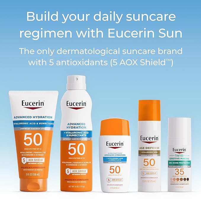Eucerin Sun Advanced Hydration SPF 50 Sunscreen Lotion, Lightweight Sunscreen with Hyaluronic Acid and Humectants, Hypoallergenic, Fragrance Free, No Oxybenzone or Octinoxate, 5 Fl Oz Tube