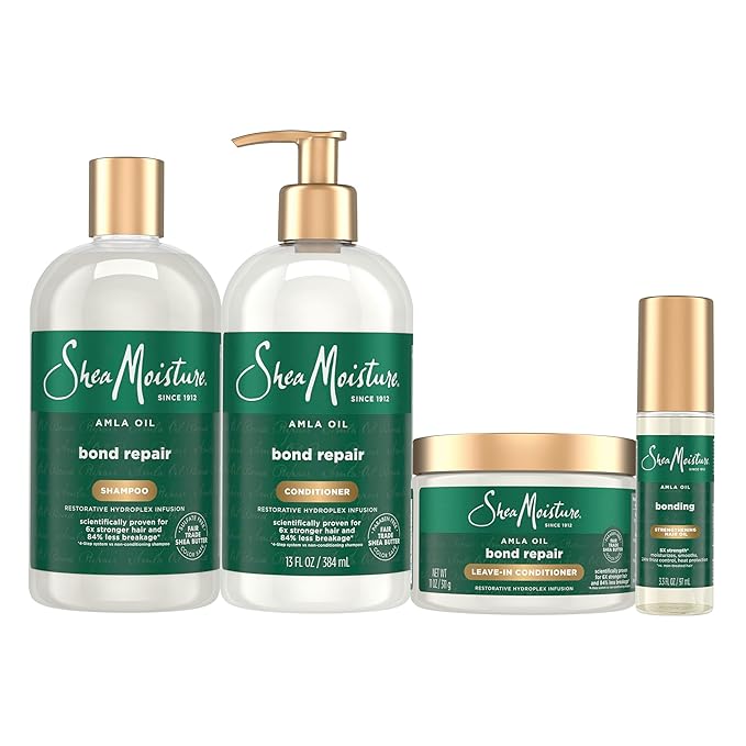 SheaMoisture Bond Repair Shampoo, Conditioner, Leave-In, & Oil 4 Pk Alma Oil to Strengthen Hair with Restorative HydroPlex Infusion