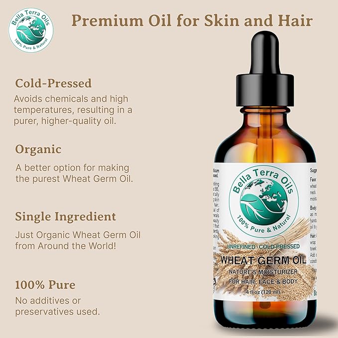 Bella Terra Oils - Organic Wheat Germ Oil 8 oz - Premier Vitamin E Oil for Face, Unveiling Beauty with Vitamin C, Natural Source of Vitamin E for Skin Care