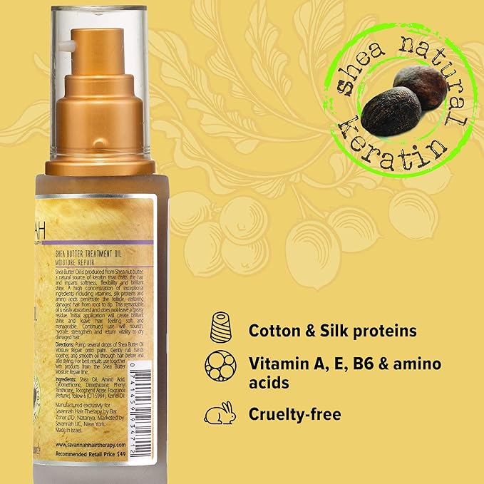 Savannah Hair Therapy Hair Oil with Shea Butter for Frizzy, Dry & Damaged Hair, Hydrating Keratin Treatment Oil, 1.69oz/50ml