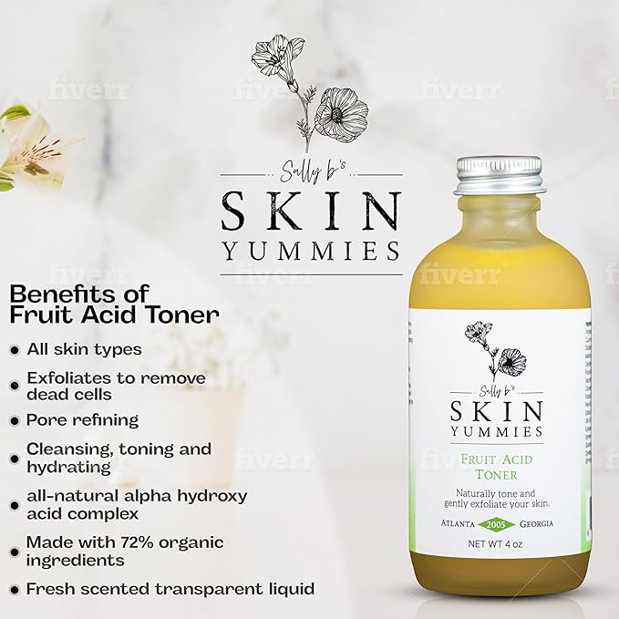 Sally B's Fruit Acid Face Toner and Daily Exfoliator/Alpha Hydroxy Acid (AHA) / 5 in 1 Action: Astringent, Cleansing, Calming, Exfoliating, and Hydrating / 4OZ
