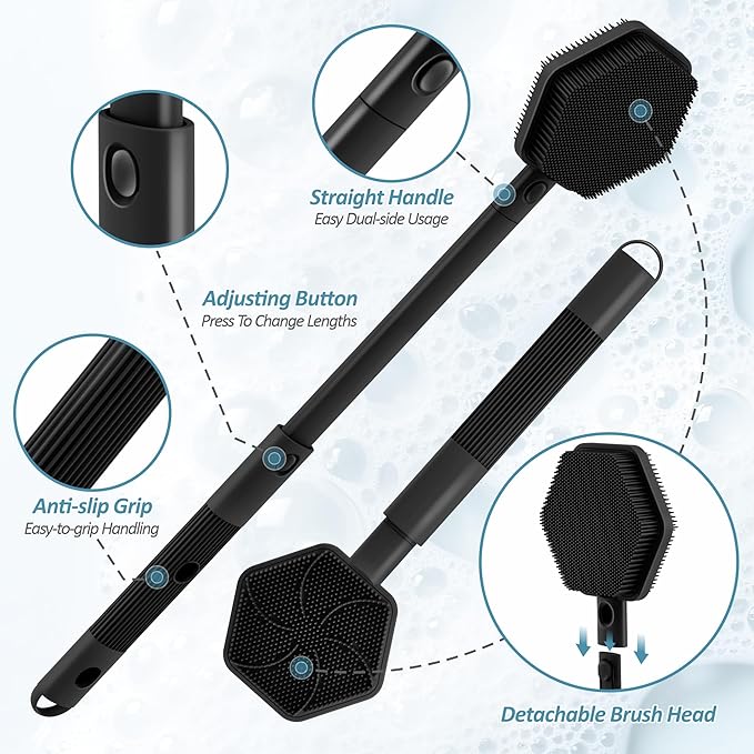 Silicone Back/Face Scrubber & Bath Glove Set 3PCS, Extendable Back Scrubber with Dual-Side Large Head, 360° Anti-Slip Bath Glove, Unique Side-bristle Face Scrubber for All-round Cleaning(Black)