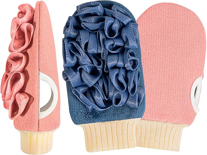 Deep Exfoliating Mitts (2pcs) Double-Sided Gloves for Shower, Body Massage Scrub & Bath Loofah Sponge，Skin Exfoliator, Dead Skin Remover (Pink & Blue)