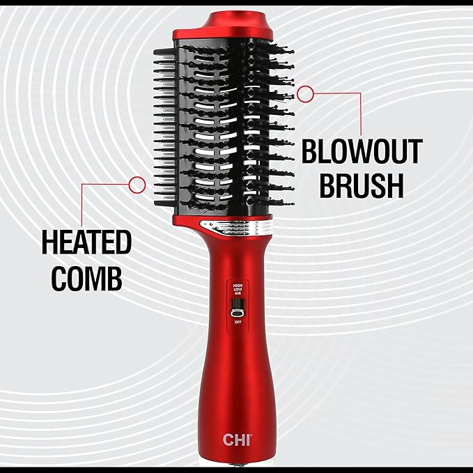 CHI Volume Styler, Blowout Brush for Amplified Volume, Heated Comb to Smoothen & Straighten Hair, 2-in-1 Hair Tool, Red