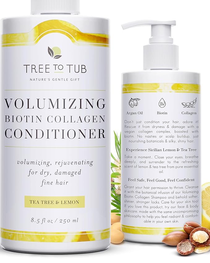 Tree to Tub Vegan Biotin and Collagen Conditioner for Dry, Damaged Hair - Volumizing Sulfate Free Fine Hair Thickening Conditioner for Women & Men w/Organic Argan Oil, All Natural Lemon, Tea Tree Oil