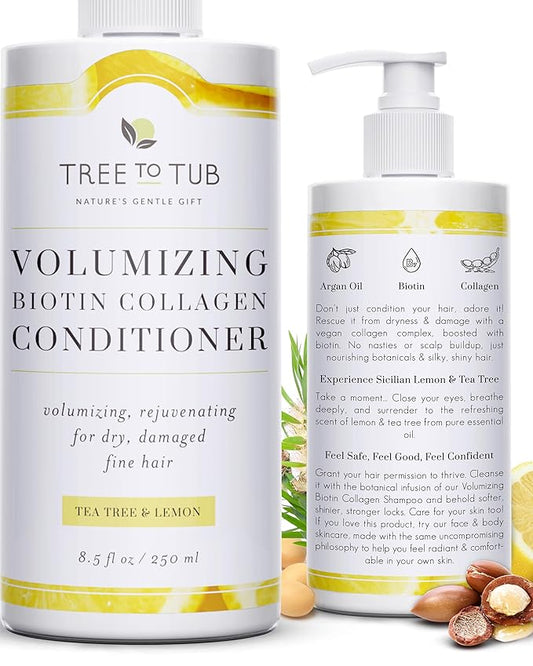 Tree to Tub Vegan Biotin and Collagen Conditioner for Dry, Damaged Hair - Volumizing Sulfate Free Fine Hair Thickening Conditioner for Women & Men w/Organic Argan Oil, All Natural Lemon, Tea Tree Oil