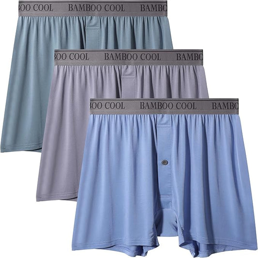 BAMBOO COOL Soft Men's Boxer Shorts 3 Pack,Silk Feeling Underwear for men with Button Fly,Breathable Loose Fit Boxers
