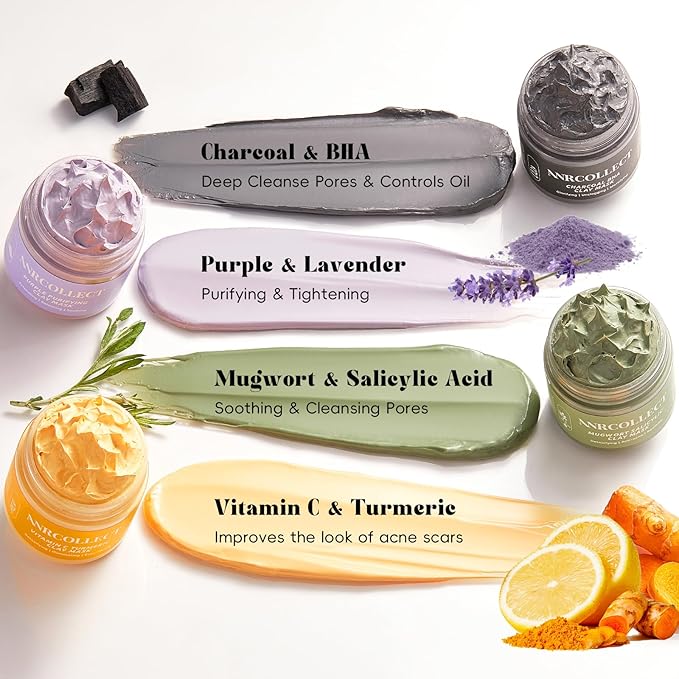 Face Mask Set, 4Pcs Clay Mask, Face Masks Skin Care with Vitamin C, Charcoal, Mugwort and Purple Clay, Skincare Christmas Gift for Blackheads & Oil Control, Stocking Stuffers for Teen Girls