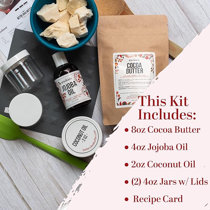 Better Shea Butter Cocoa Body Butter Making Kit - Includes Unrefined Cocoa Butter, Jojoba Oil, Coconut Oil, 2 Jars and Recipes Card with Link to Video Tutorial - Natural Whipped Body Lotion Making Kit