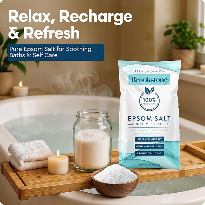 Brookstone 5 lb Epsom Salt Bulk Bag - Premium Magnesium Sulfate USP, Medium Grain Unscented Bath Soak Salt - Pure Epsom Salt for Bath, Foot Soak, Muscle Relief, Stress Relief & Skin Care