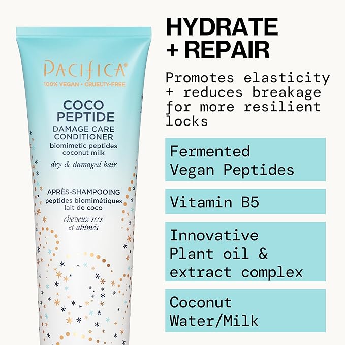 Pacifica Coco Peptide Damage Care Shampoo & Conditioner Set – Repairing Hair Care for Dry Damaged Hair Vegan Collagen & Peptides for Split Ends & Breakage Sulfate Free Clean Vegan Dermatologist Tested