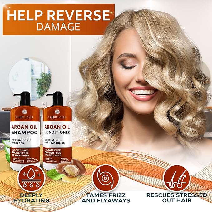 Moroccan Argan Oil Shampoo and Conditioner Set - Sulfate Free with No Parabens - Botanicals for Women and Men - Professional Moisturizing, Anti Frizz, Hydrating Solution for Dry, Wavy and Curly Hair