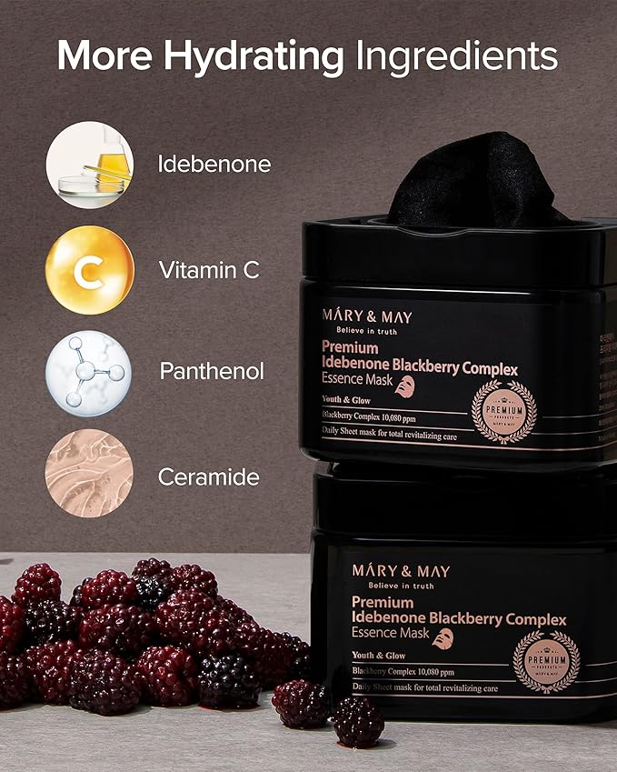 Mary&May Premium Idebenone Blackberry Complex Essence Mask - Quick Dispenser Type Anti Aging Korean Face Mask Sheet - Vitamin C, Panthenol, and Ceramide for Moisturizing and Radiant Skin, 20 Sheets