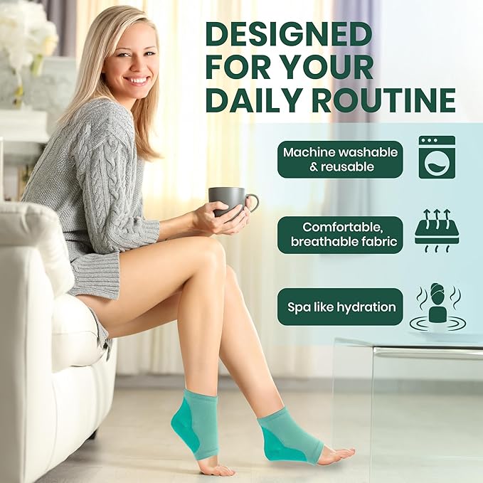 Moisturizing Heel Socks for Cracked Heels - Gel Socks for Dry Cracked Feet Repair - Silicone Socks for Women’s Foot Treatment & Overnight Hydration (Mint Green, 2-Pair)