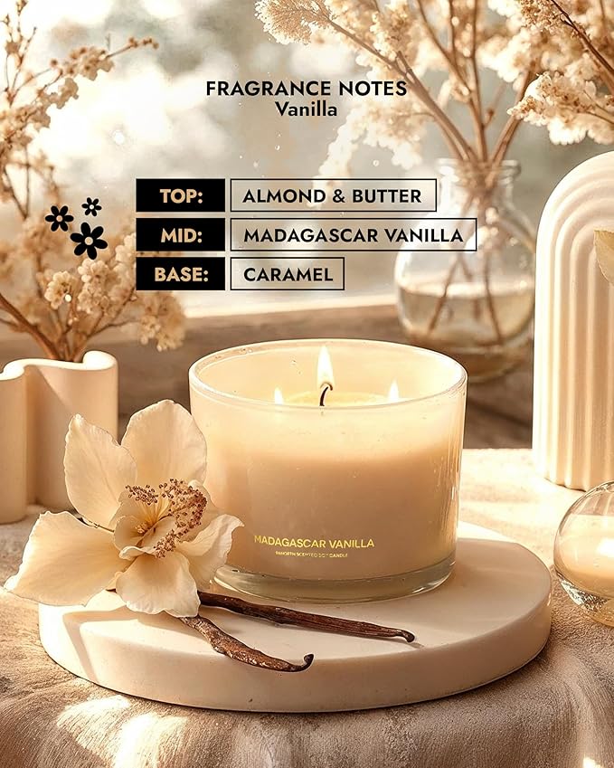 96NORTH Luxury Vanilla Soy Candles | Large 3 Wick Jar Candle | Up to 50 Hours Burning Time | 100% Natural Soy Wax | Relaxing Aromatherapy Aesthetic Candle | Housewarming Gift for Men and Women