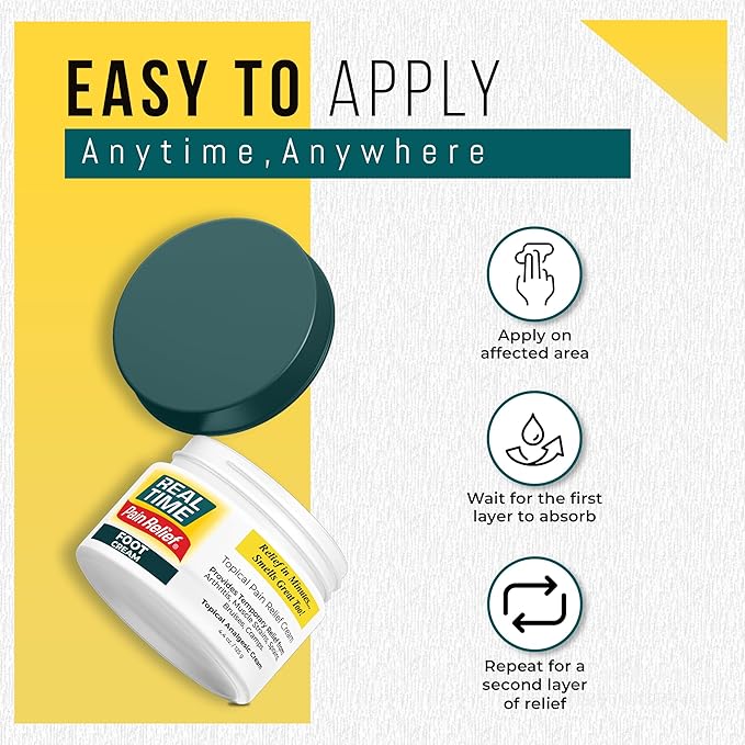 Real Time Pain Relief Foot Cream 4.4oz Jar | 15 Natural Ingredients: Menthol, Tea Tree Oil, Vitamin E & Emu Oil | Advanced Neuropathy Relief & Soothing Lotion for Tired, Swollen, Sore & Aching Feet