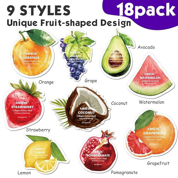 18 Pack Fruit Shaped Face Masks Skincare, Collagen Hydrating and Moisturizing Sheet Face Mask Skin Care, Bulk Christmas Gifts, Spa Party Gifts and Stocking Stuffers for Women