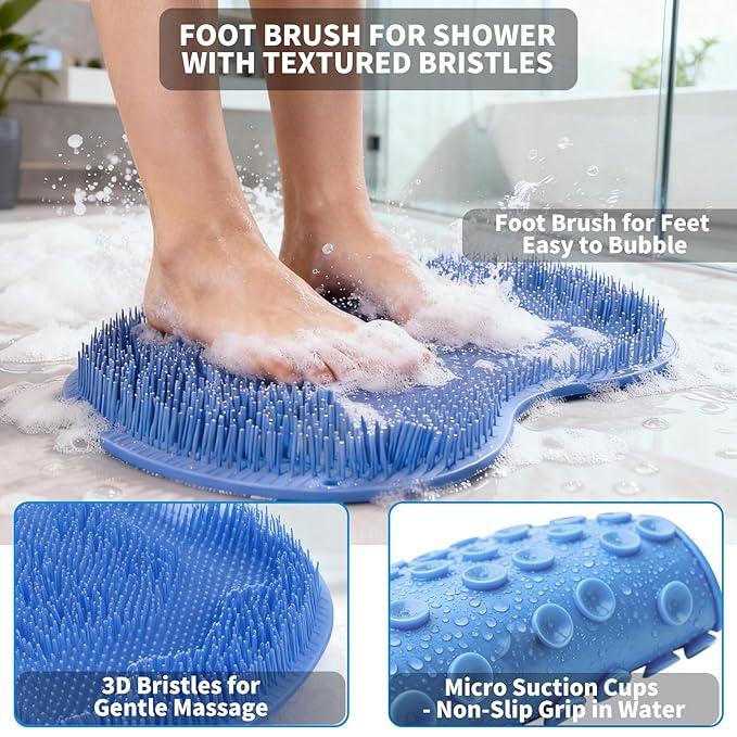 Shower Foot Scrubber Mat with 3 Types of Upgraded Brushes for Massage, Shower Back Scrubber with Micro suction cups,Back Washer,Shower Scrubber for Body at Home Spa (Sky Blue)