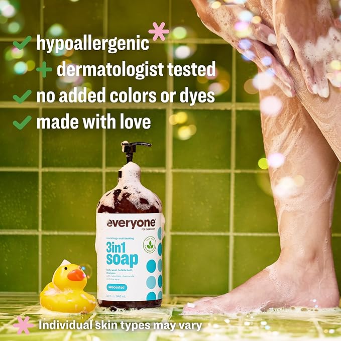 Everyone 3-in-1 Soap, Body Wash, Bubble Bath, Shampoo, 32 Ounce (Pack of 2), Unscented, made for Men and Women