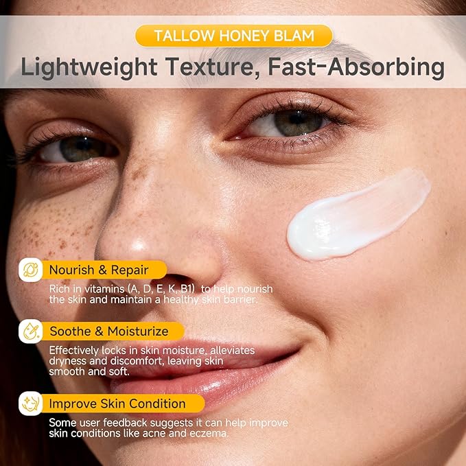 Beef Tallow Honey Balm for Skin,Face,Body - Handmade Whipped Cream Face Moisturizer with 100% Narural Organic Grass-Fed Beef Tallow & Raw Honey - Balm For Dry, Sensitive Skin - Unscented,4.23OZ