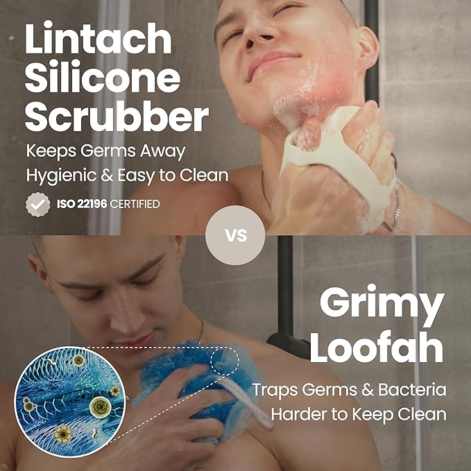 Silicone Shower Scrubber for Body – Exfoliating Loofah Alternative, Zinc & Silver-Infused, Hygienic & Gentle for Sensitive Skin, Durable & Long-Lasting Body Scrubber for Men - White Sand