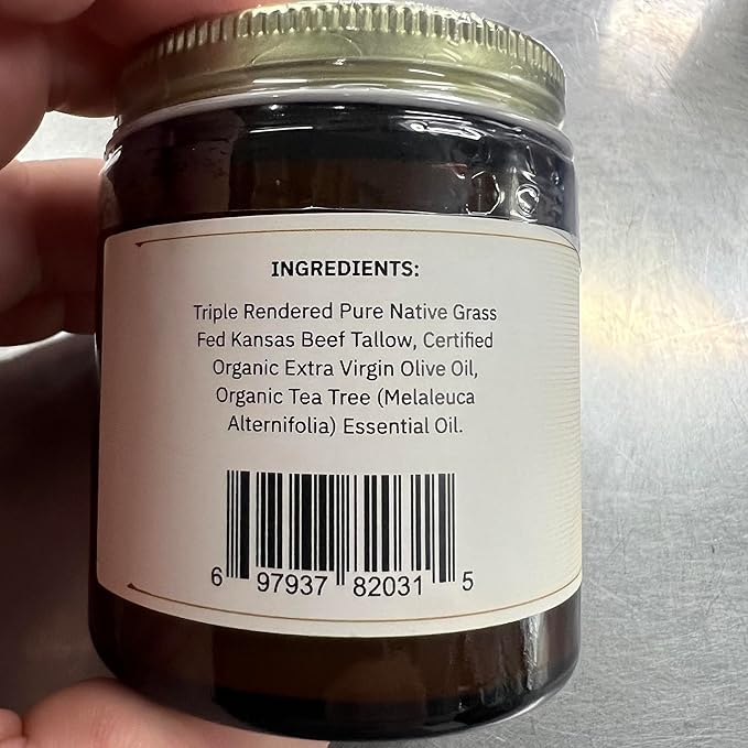 Beef Tallow Balm - 4 oz - Organic Grass Fed and Finished Tallow - Moisturizing Skin Care Tea Tree