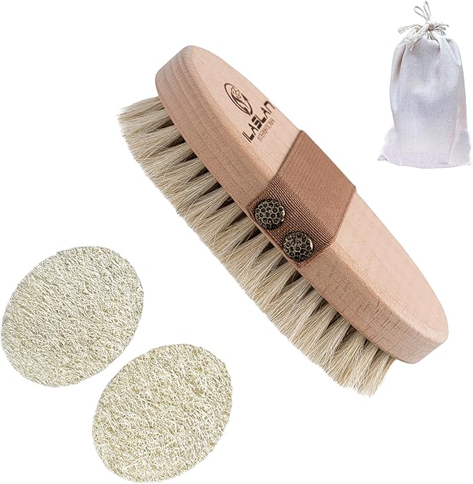 Dry Brushing Body Brush, Natural Horse Hair Exfoliating and Cleansing | Dry Skin Brushing with 2 Natural Loofah Facial Peeling Pads | Soft Bristles for Gentle Body Scrubbing and Skin Care