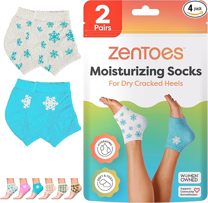 ZenToes Moisturizing Socks for Cracked Heel Treatment, Vitamin E, Olive Oil and Jojoba Oil Heel Socks, Stocking Stuffers for Women, Spa Self Care Gifts for Women (White & Blue Snowflake, Regular)