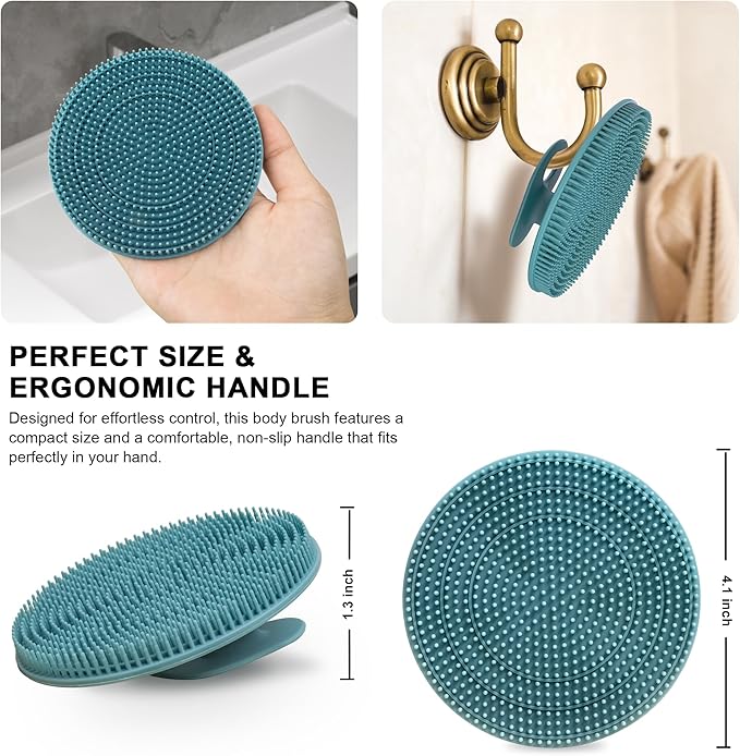 INNERNEED 2 Pieces African Net Sponge Exfoliating Shower Mesh Bath Washcloth Case, with 1 Silicone Body Scrubber Brush (DarkGreen)