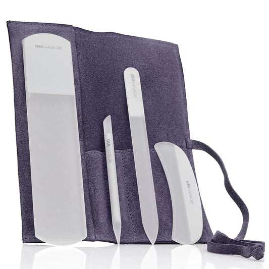 4pcs Manicure Set Genuine Czech Crystal Gray Glass Nail File Moon File Manicure Stick Pedicure Foot Care Bar in Purple Suede by GERmanikure