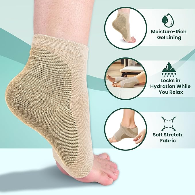 Moisturizing Heel Socks for Cracked Heels - Gel Socks for Dry Cracked Feet Repair - Silicone Socks for Women’s Foot Treatment & Overnight Hydration (Beige, 2-Pair)