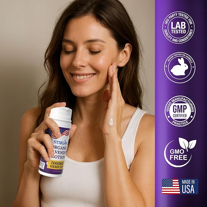 STIRLING Lavender Lotion – Organic Lavender with 2000mg Hemp Oil, Aloe Vera, and Vitamin E – Nourishing and Moisturizing Body Lotion for a Soft and Smooth Feel